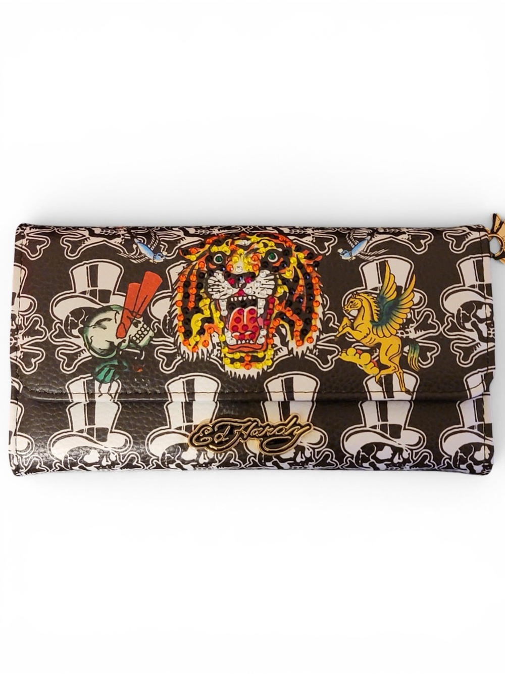 Ed Hardy Black Wallet with Multicolor Tiger and Graphic Accents